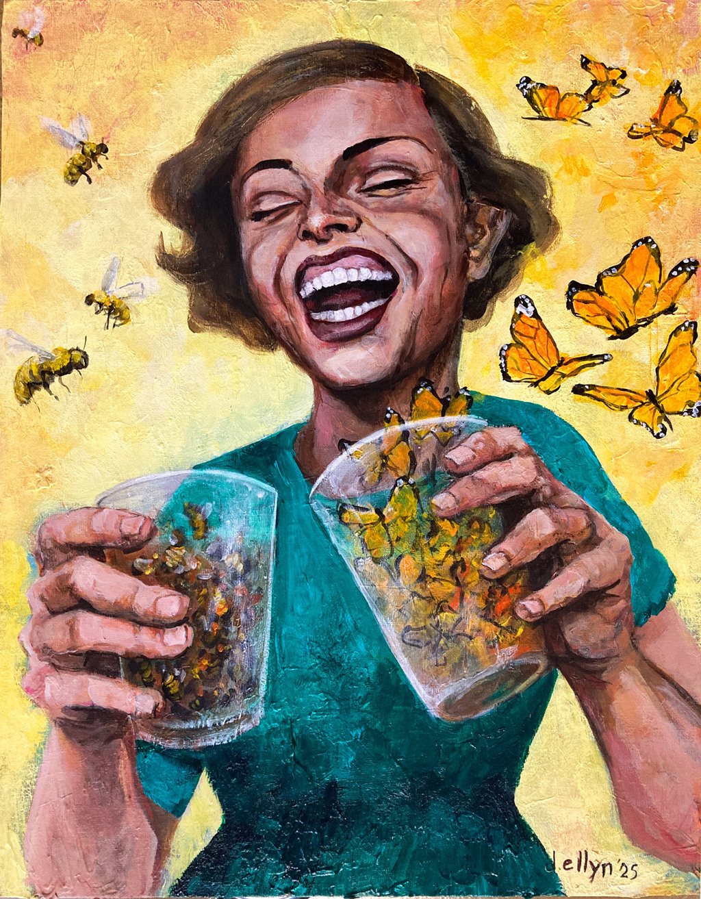 “Miss Sunshine” painting by Dana Ellyn of a laughing woman holding cups filled with bees and butterflies against a radiant yellow background.
