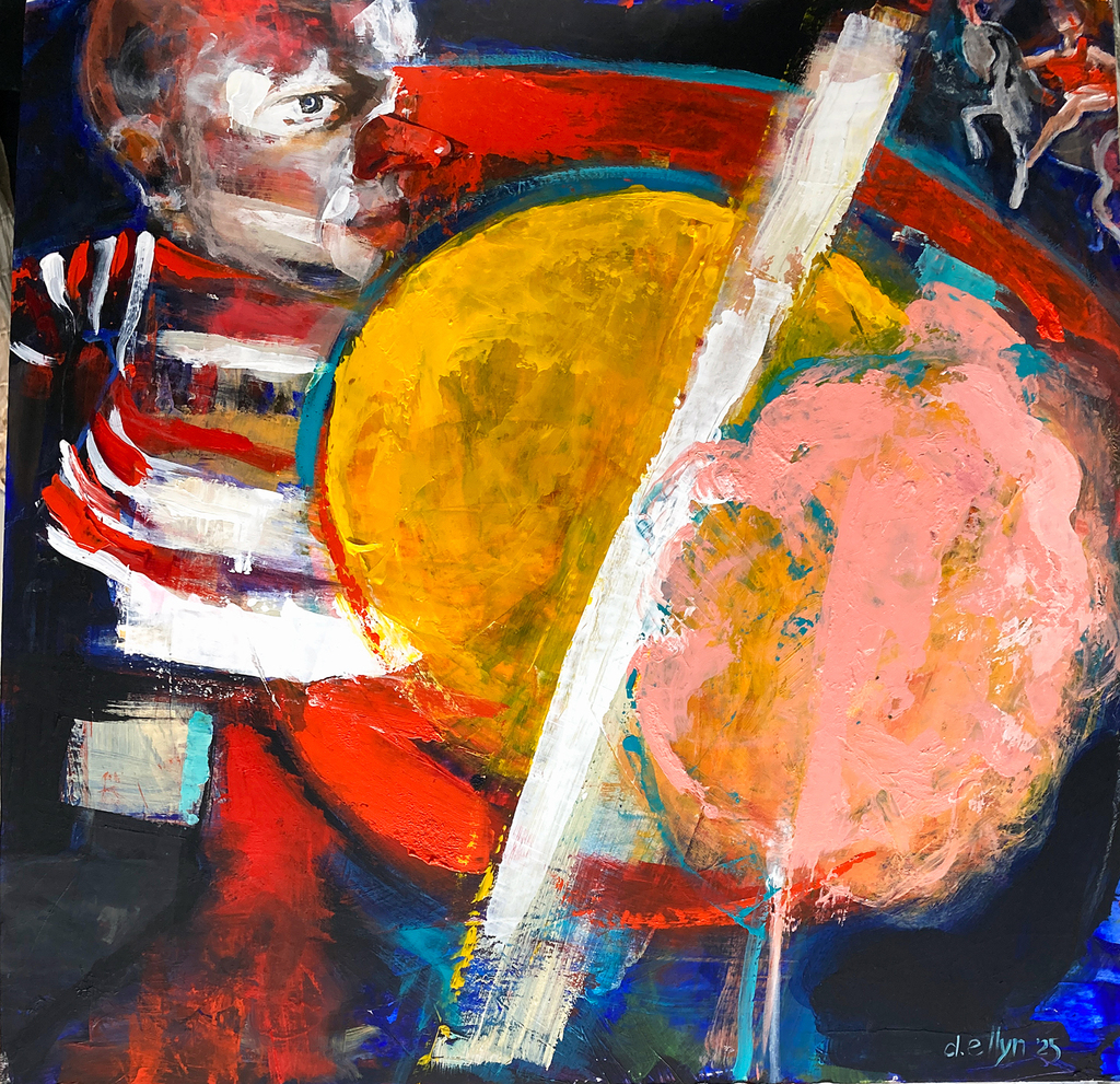 Abstract 20x20 acrylic painting with fragmented clown features, bold color fields, and expressive strokes reconstructing an earlier figurative work.