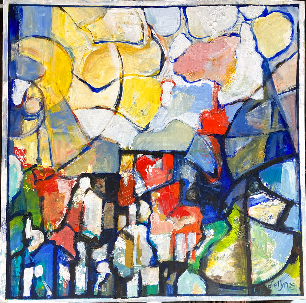 Abstract 20x20 acrylic painting with fractured shapes, bright colors, and crowd-like forms inspired by the memory of a Coney Island ferris wheel.