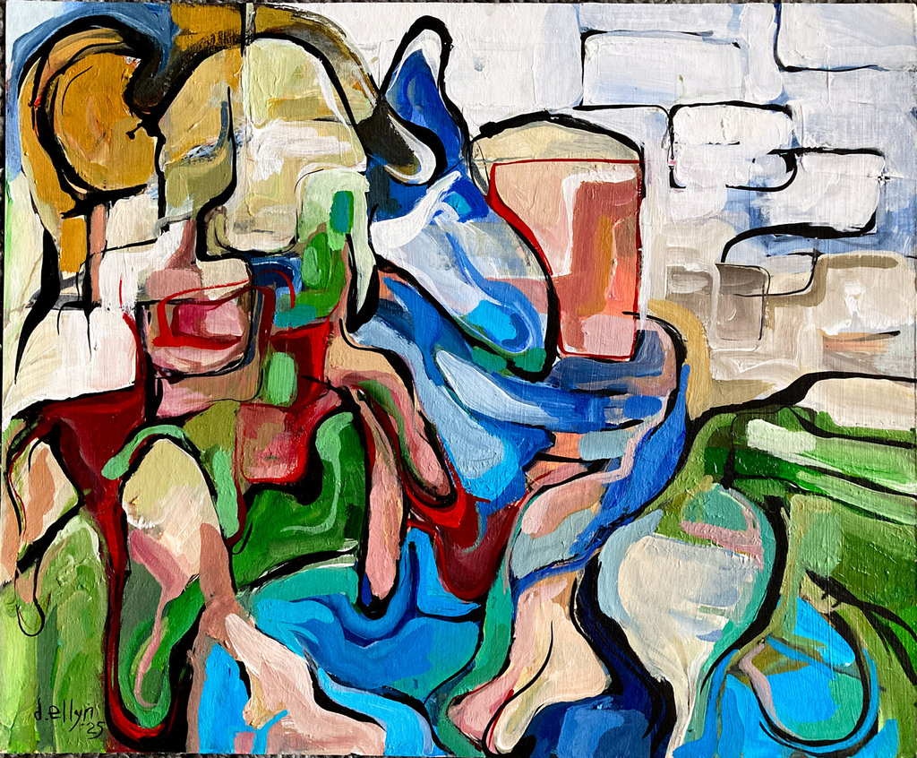 Abstract 20x20 acrylic painting with fractured shapes, bright colors, and crowd-like forms inspired by the memory of a Coney Island ferris wheel.
