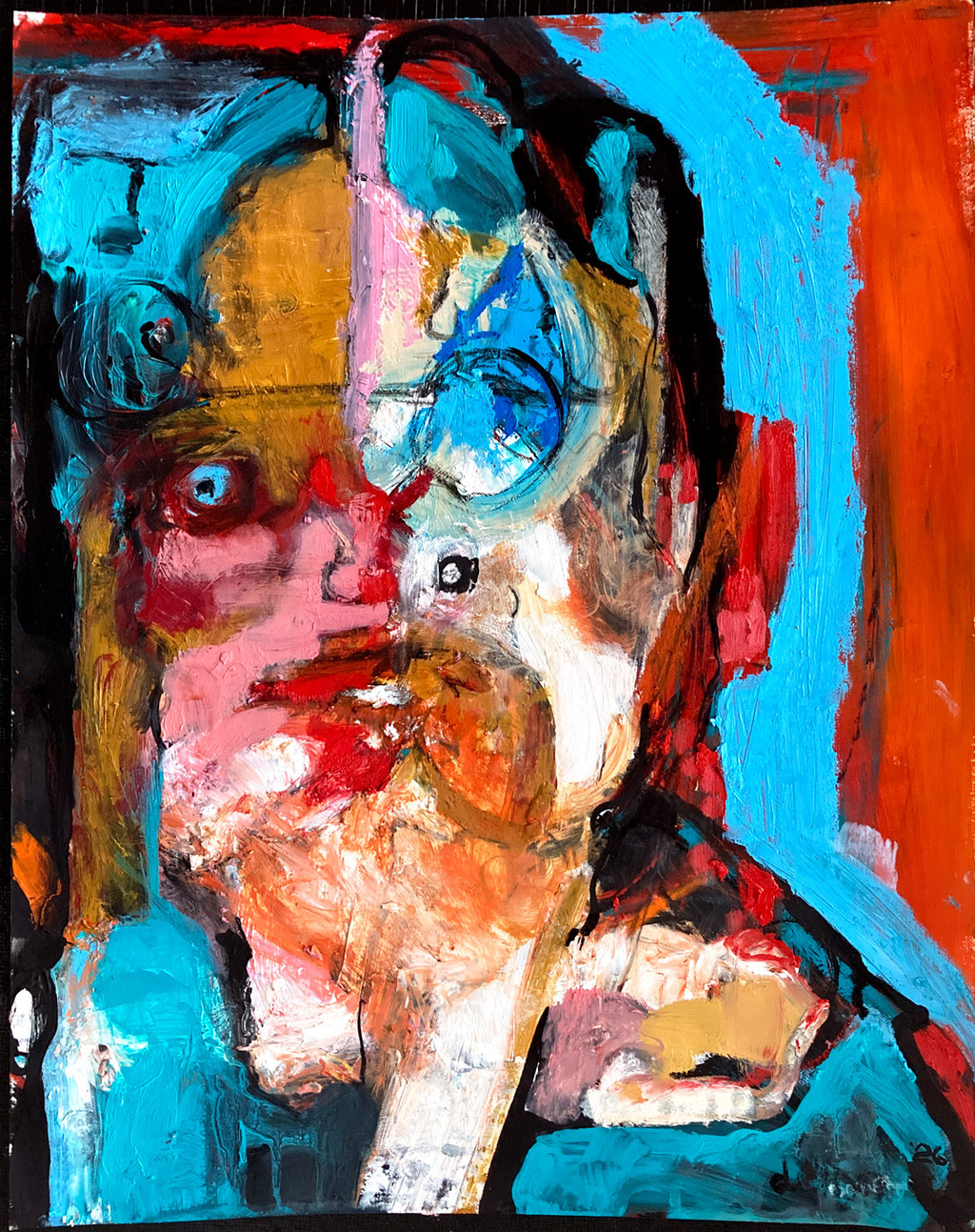 Abstract portrait painting with layered blue, red, and ochre brushstrokes suggesting a fragmented face and shifting identity.