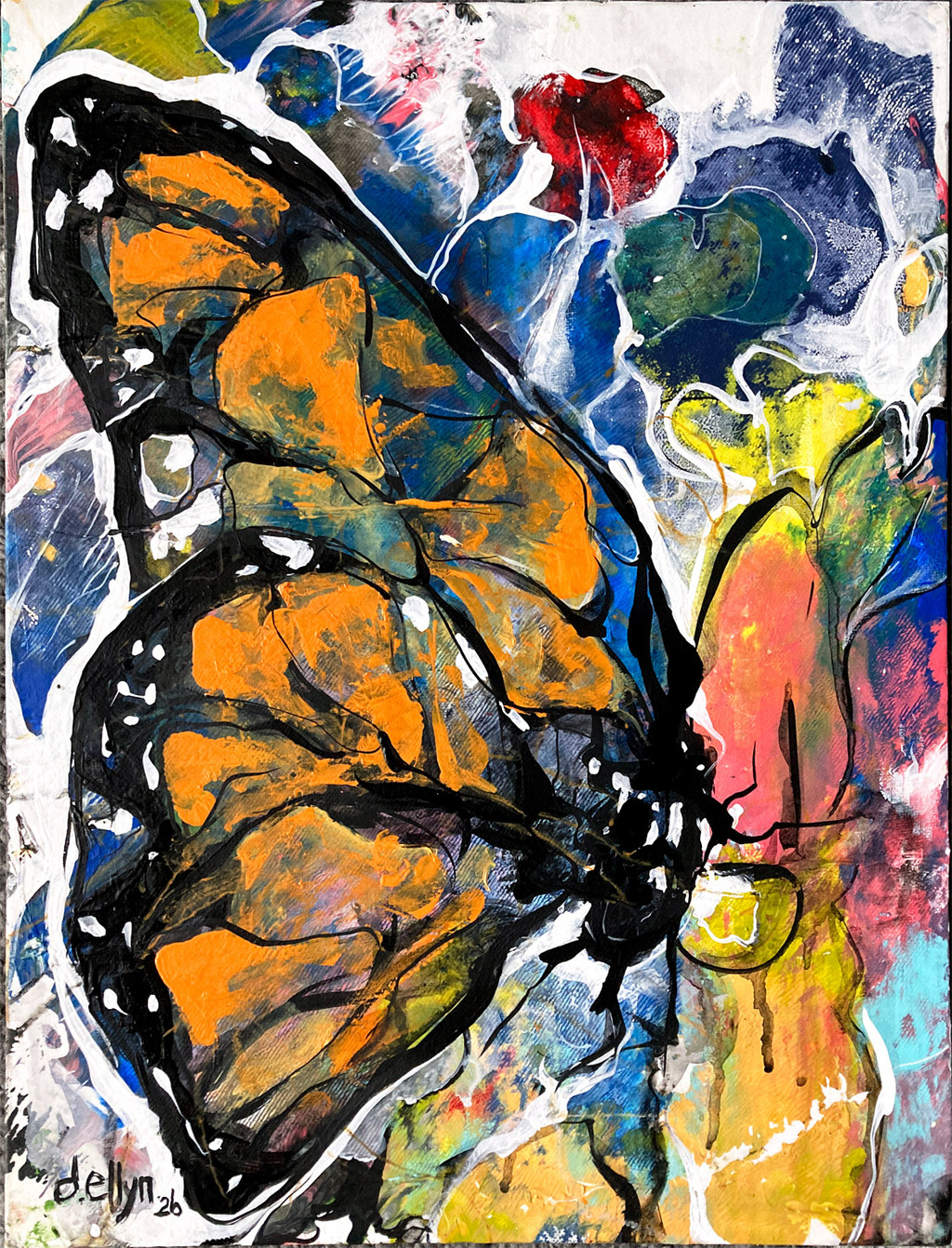 Abstract painting of a monarch butterfly form in orange, black, and blue, with expressive layered brushstrokes and fluid movement.