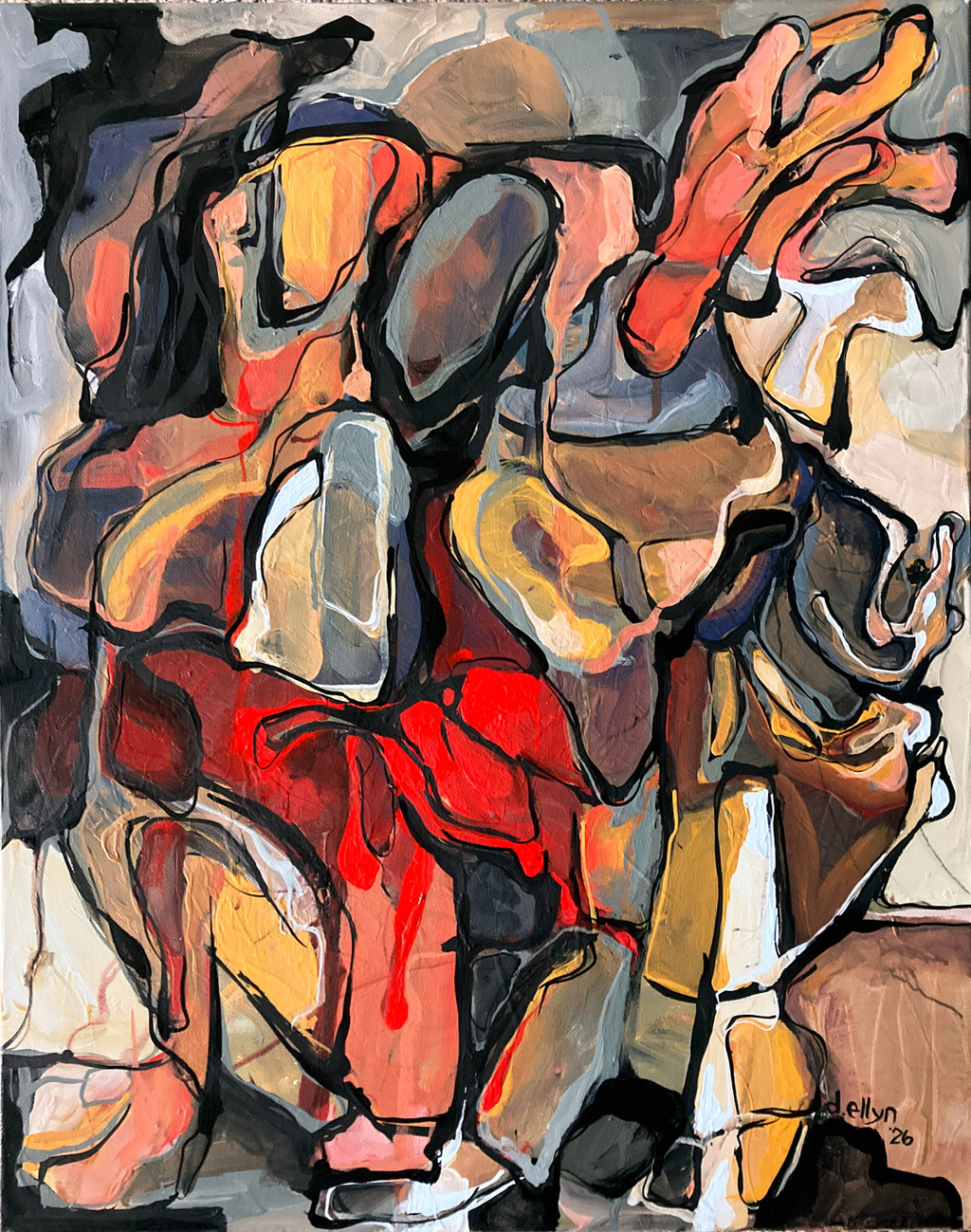 Abstract acrylic painting titled Brooklyn Winter with layered geometric forms in muted blues, grays, pinks, and ochres suggesting urban winter atmosphere.