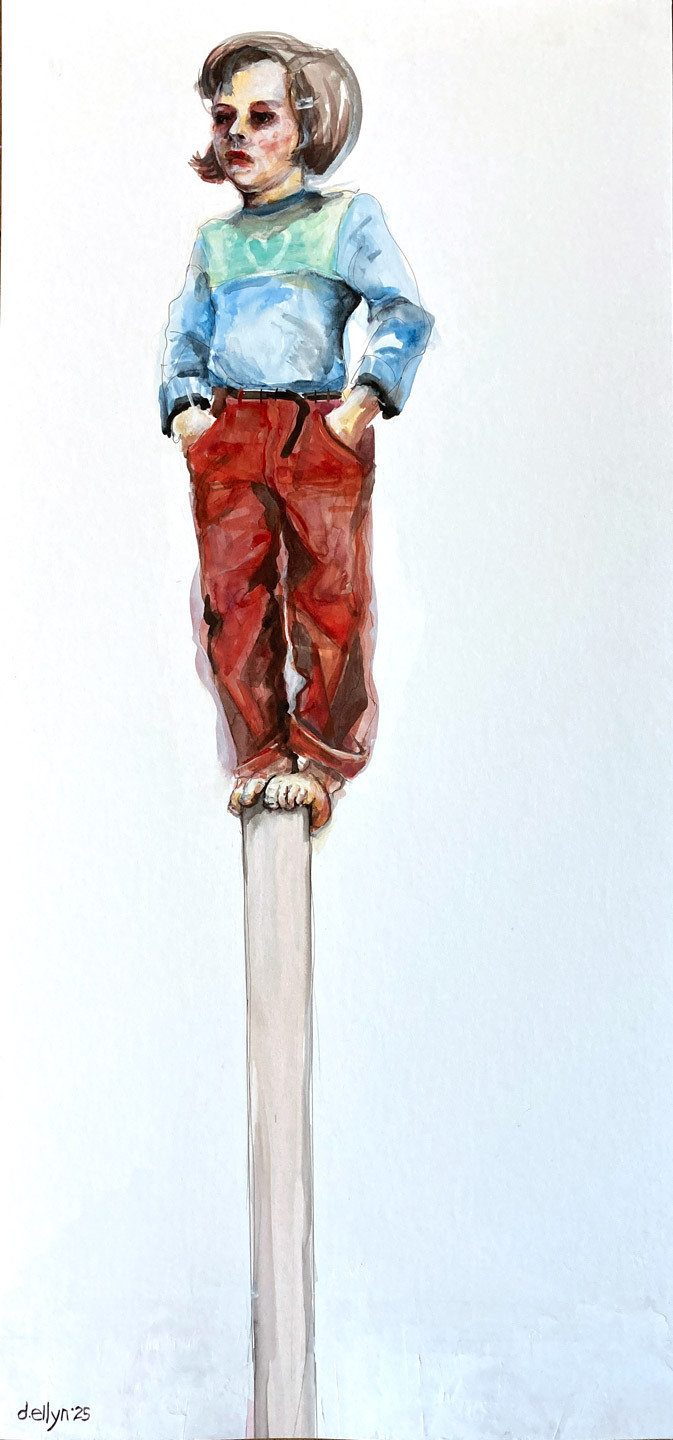 Watercolor painting of a girl standing tall on a post—poised, resilient, and elevated above the noise in a moment of quiet power