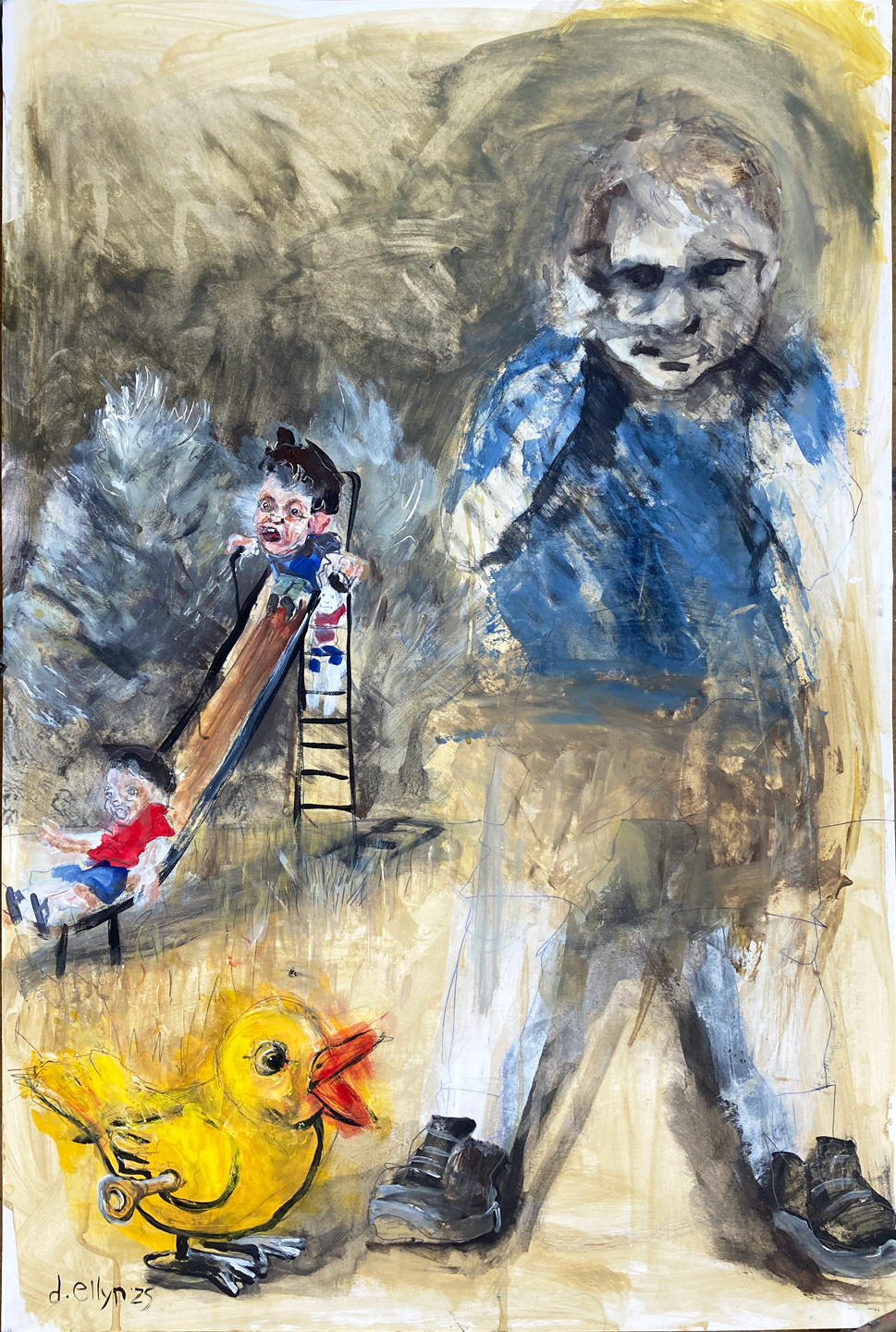 Surreal painting of children on a playground, showing joyful, tense, and withdrawn moods under a looming ghostlike figure.